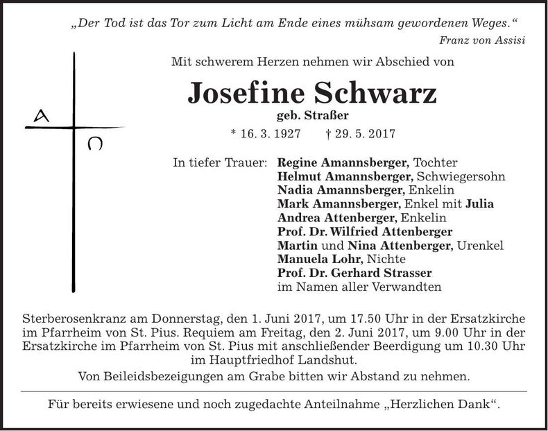 Traueranzeige Josefine Schwarz