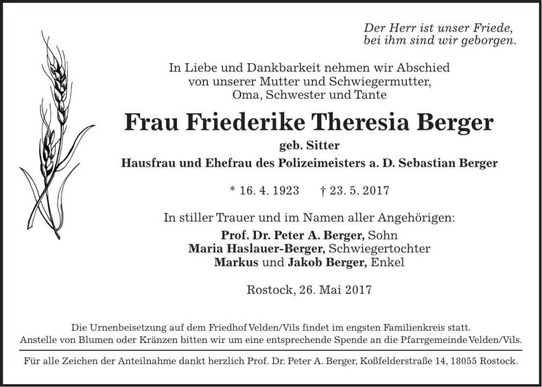 Traueranzeige Friederike Theresia Berger