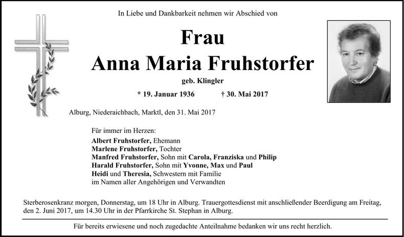 Traueranzeige Anna Maria Fruhstorfer