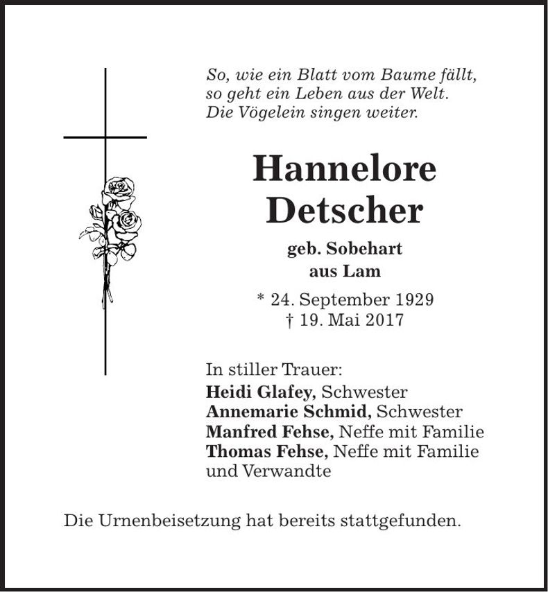 Traueranzeige Hannelore Detscher
