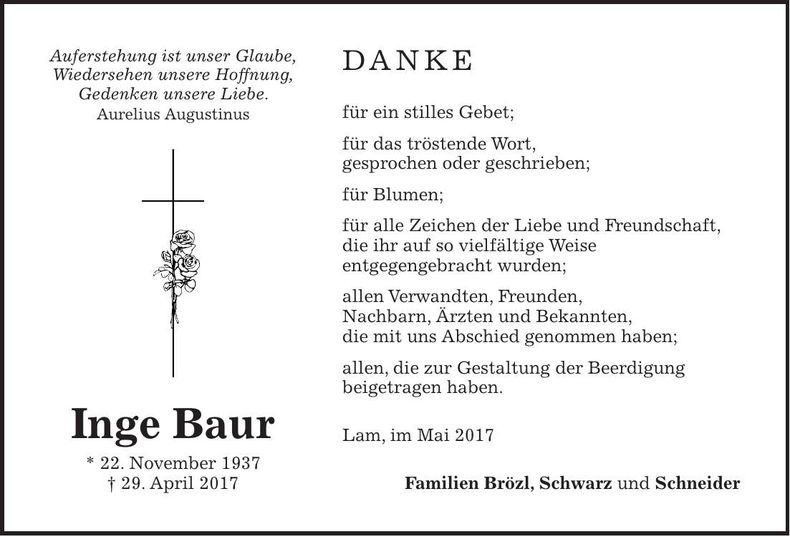 Traueranzeige Inge Baur
