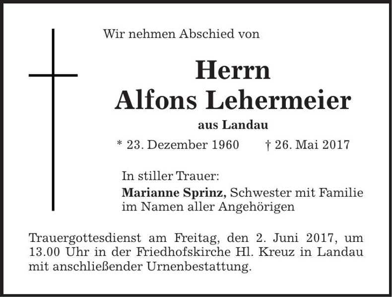 Traueranzeige Alfons Lehermeier