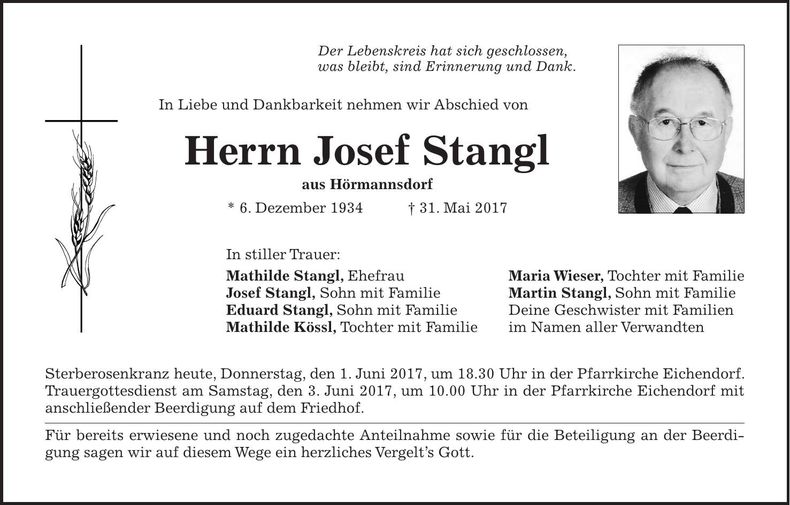 Traueranzeige Josef Stangl
