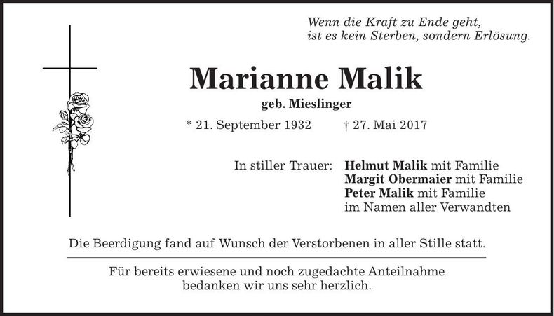 Traueranzeige Marianne Malik