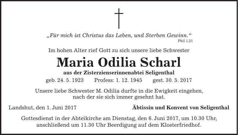 Traueranzeige Maria Odilia Scharl