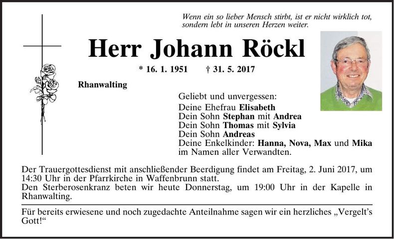 Traueranzeige Johann Röckl