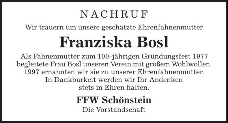 Traueranzeige Franziska Bosl