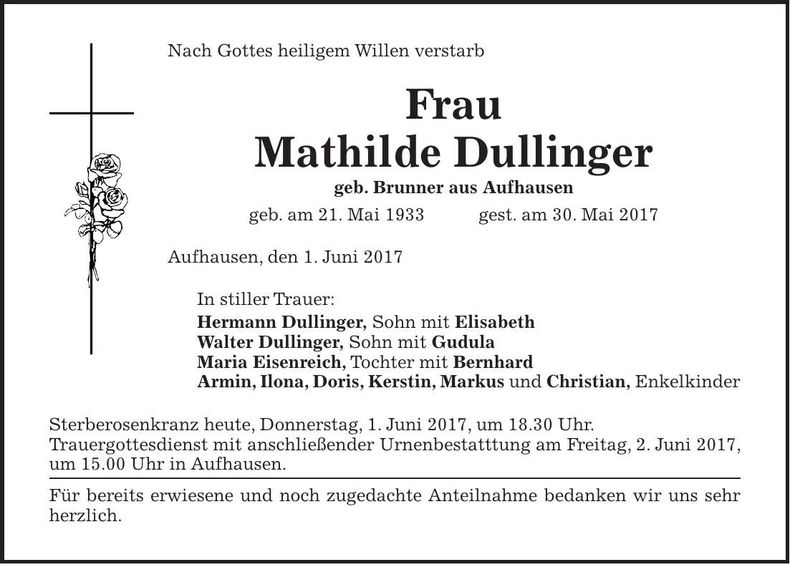 Traueranzeige Mathilde Dullinger