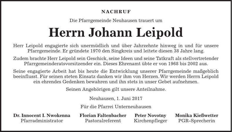 Traueranzeige Johann Leipold