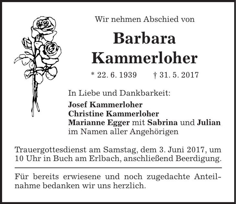 Traueranzeige Barbara Kammerloher