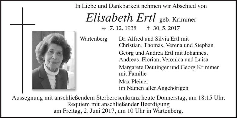Traueranzeige Elisabeth Ertl
