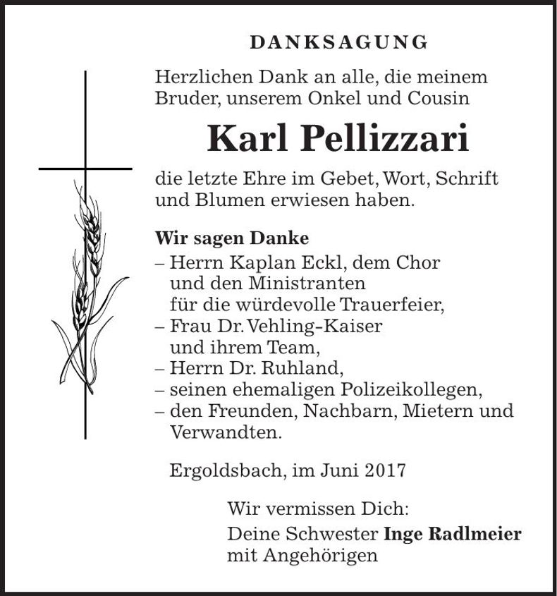 Traueranzeige Karl Pellizzari
