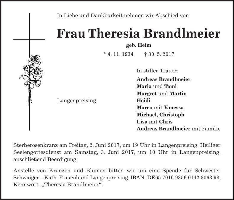 Traueranzeige Theresia Brandlmeier