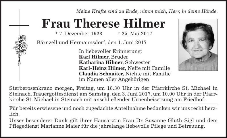 Traueranzeige Therese Hilmer