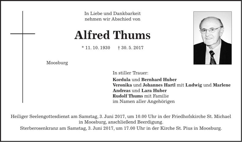Traueranzeige Alfred Thums