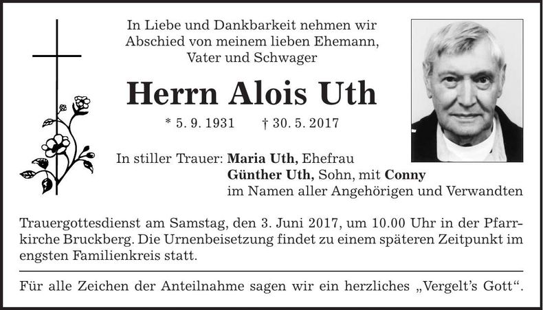 Traueranzeige Alois Uth