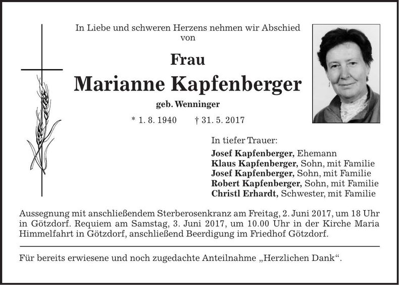 Traueranzeige Marianne Kapfenberger