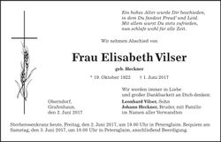 Traueranzeige Elisabeth Vilser
