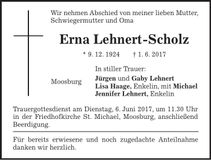 Traueranzeige Erna Lehnert-Scholz