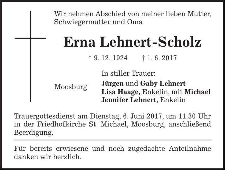 Traueranzeige Erna Lehnert-Scholz