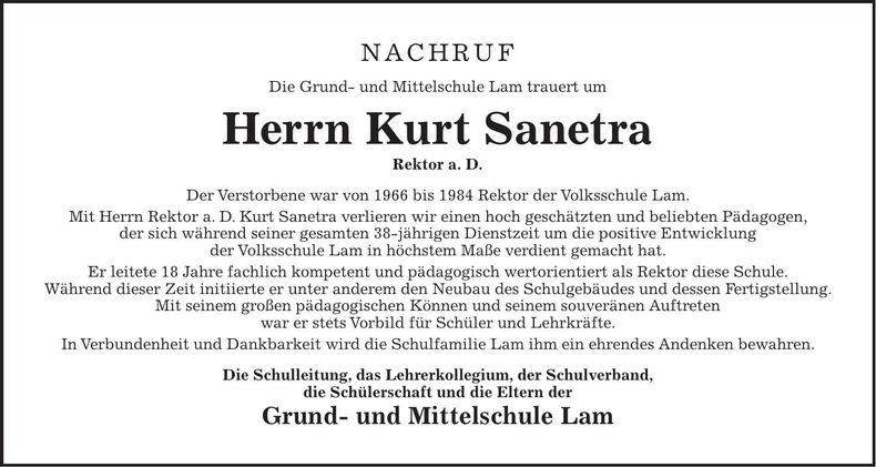 Traueranzeige Kurt Sanetra