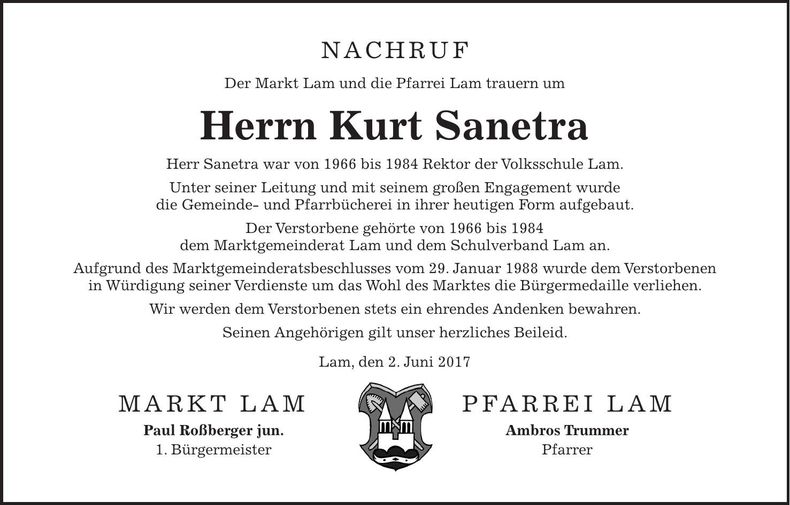 Traueranzeige Kurt Sanetra