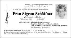 Traueranzeige Sigrun Schäffner