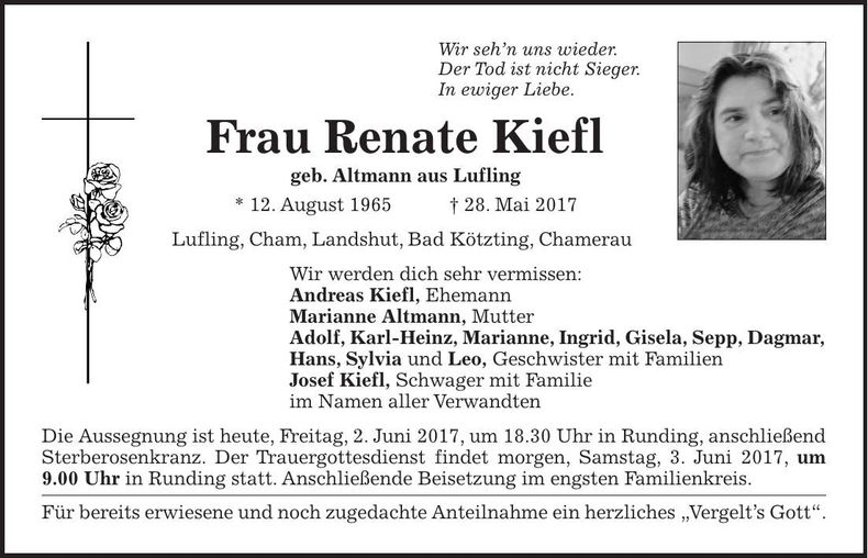 Traueranzeige Renate Kiefl