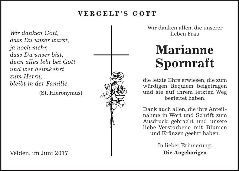 Traueranzeige Marianne Spornraft