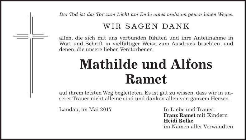 Traueranzeige Mathilde und Alfons Ramet