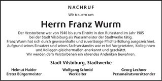 Traueranzeige Franz Wurm