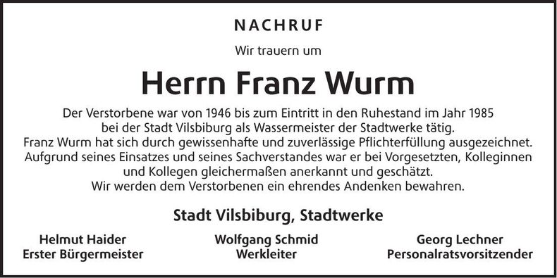 Traueranzeige Franz Wurm