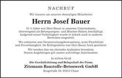 Traueranzeige Josef Bauer