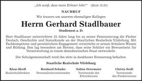 Traueranzeige Gerhard Stadlbauer