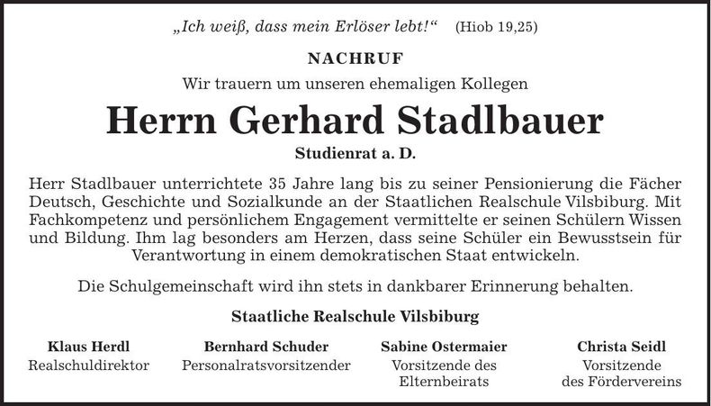 Traueranzeige Gerhard Stadlbauer