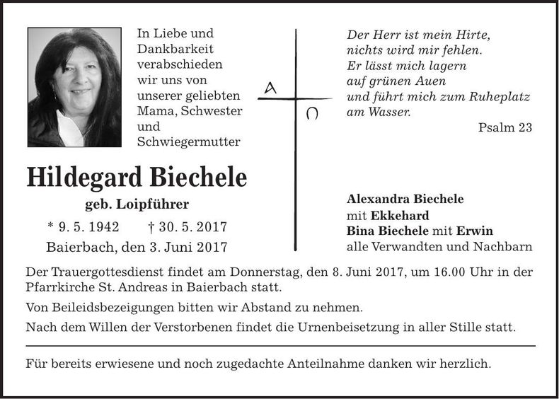 Traueranzeige Hildegard Biechele