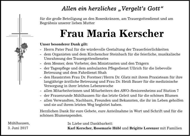 Traueranzeige Maria Kerscher