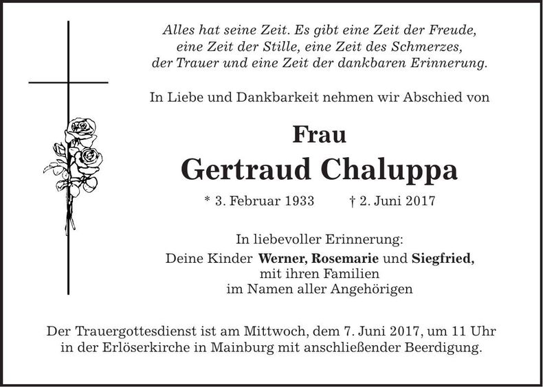 Traueranzeige Gertraud Chaluppa