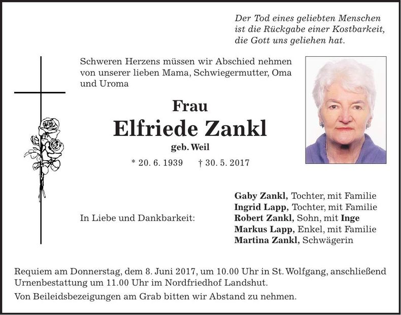 Traueranzeige Elfriede Zankl