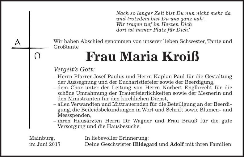 Traueranzeige Maria Kroiß