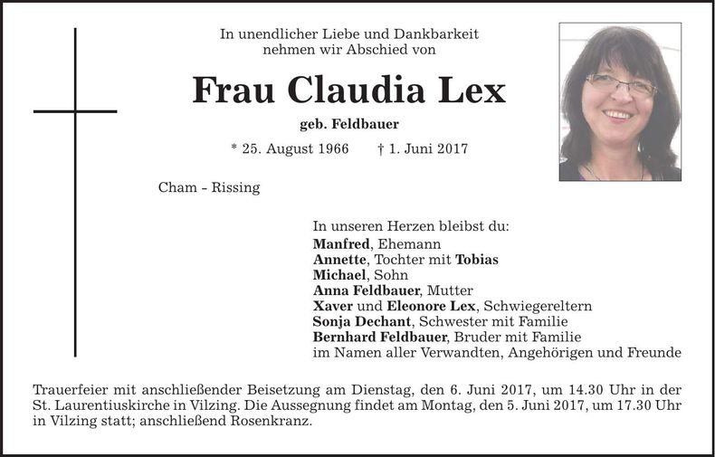 Traueranzeige Claudia Lex