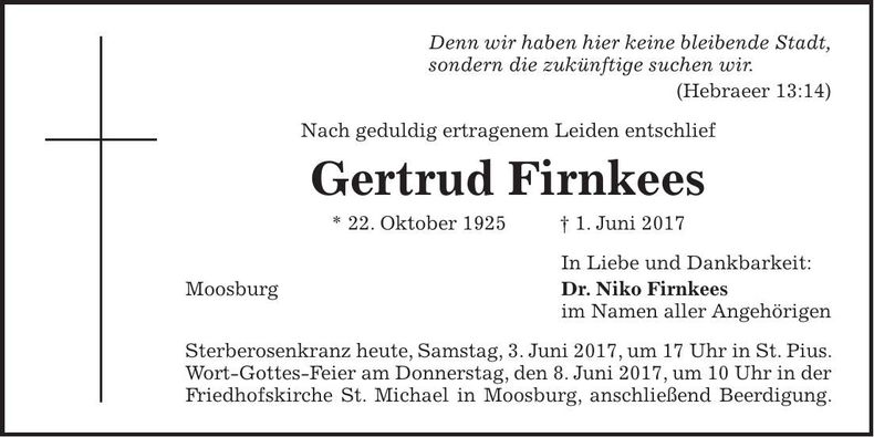 Traueranzeige Gertrud Firnkess