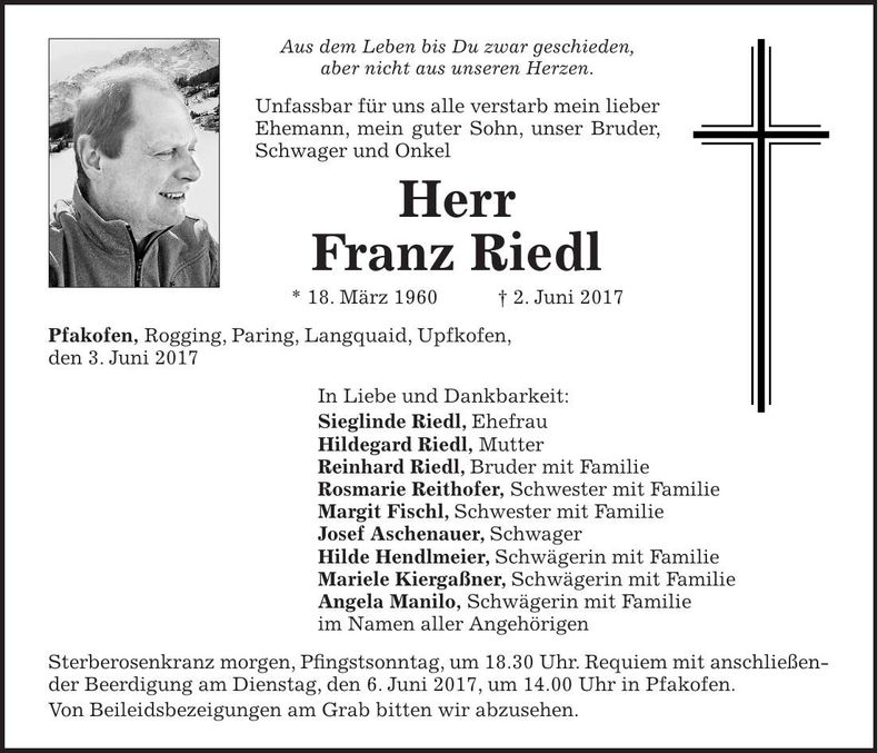 Traueranzeige Franz Riedl