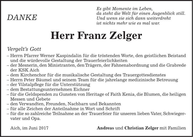 Traueranzeige Franz Zelger