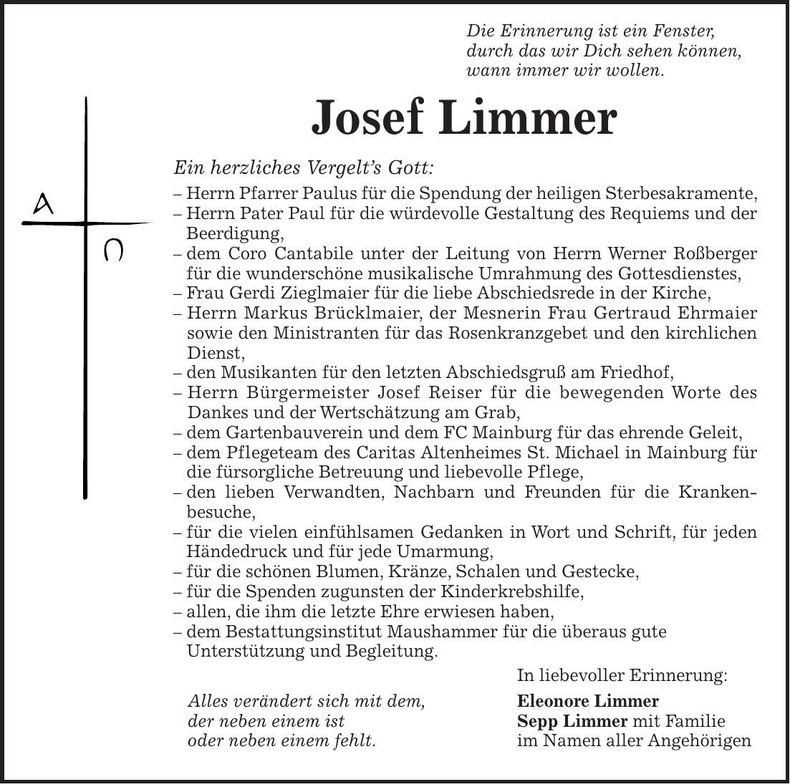 Traueranzeige Josef Limmer