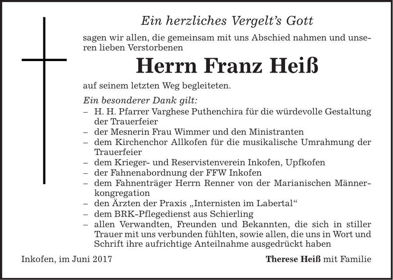 Traueranzeige Franz Heiß