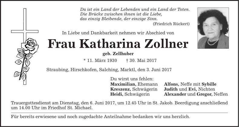 Traueranzeige Karharina Zollner