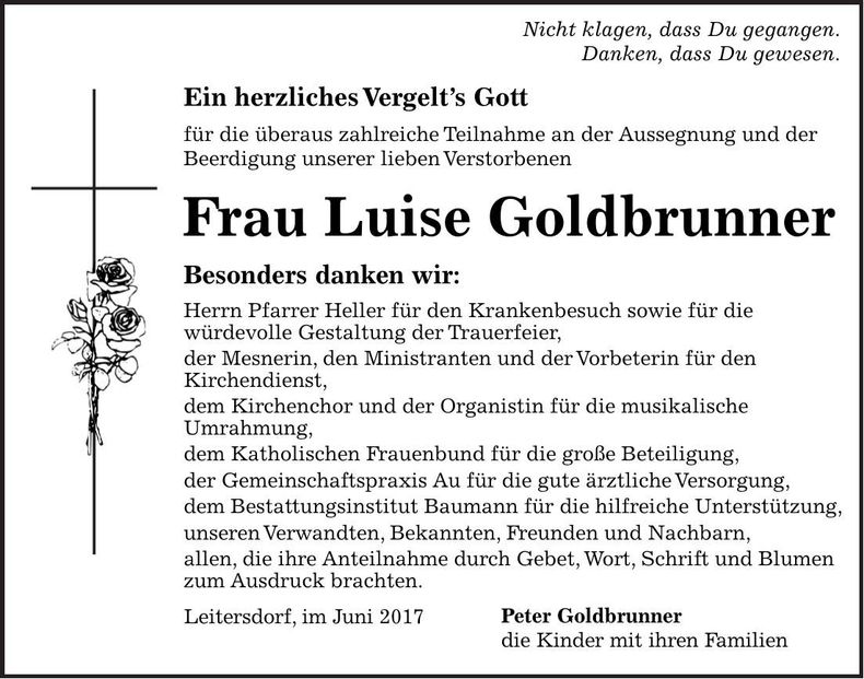 Traueranzeige Luise Goldbrunner