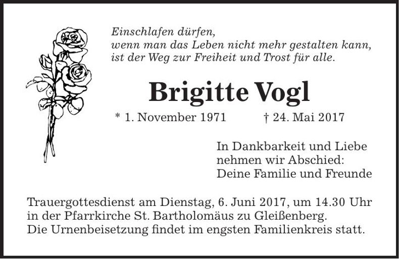 Traueranzeige Brigitte Vogl