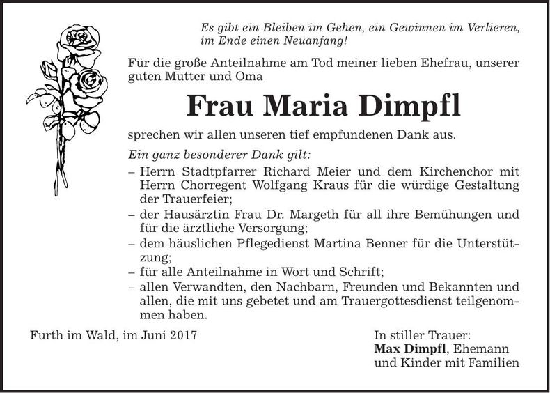 Traueranzeige Maria Dimpfl
